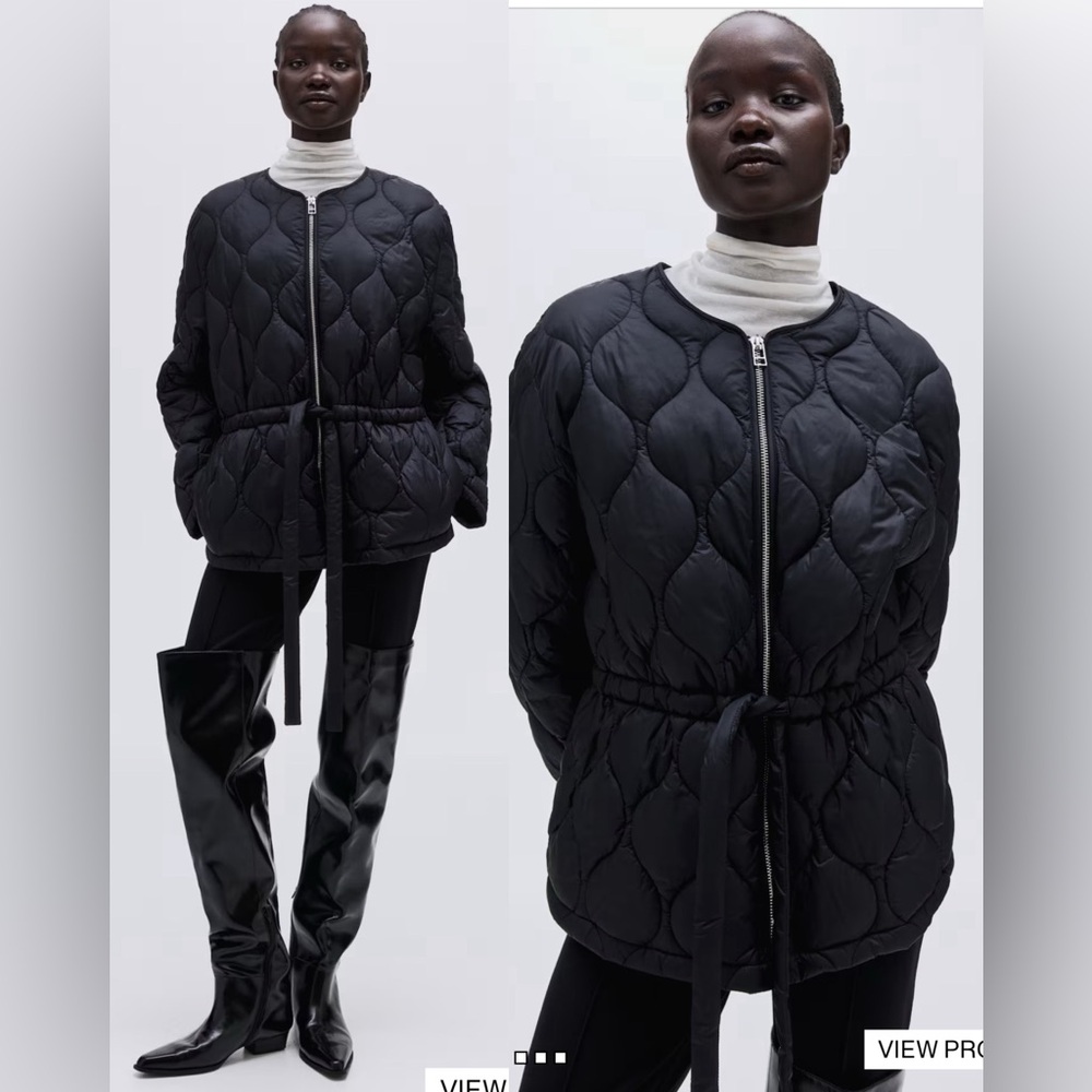 H&M Black Quilted Tie-Waist Puffer Jacket